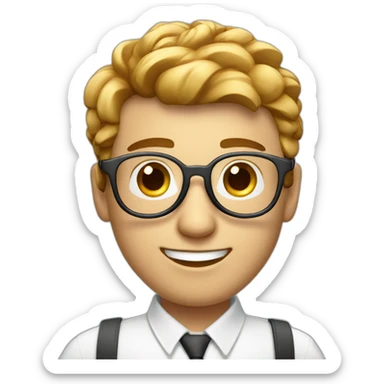 male virtual assistant with a smiling  holding a digital tablet or stylus wearing eye glasses and white shirt sticker