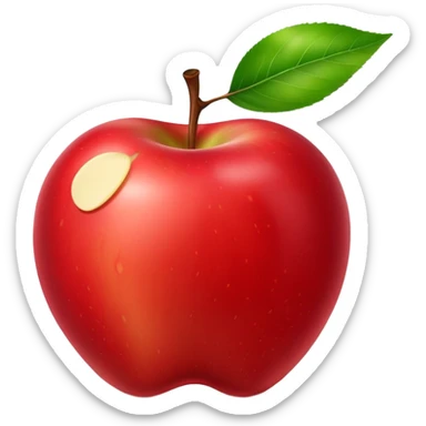 The image shows a bright red, glossy, and plump apple that looks fresh and delicious. A large bite has been taken out of the right side, revealing the juicy. At the top of the apple, the stem is still attached along with a fresh green leaf, adding a natural and lively touch. The pure white background makes the vibrant red color and the round shape of the apple stand out even more. sticker
