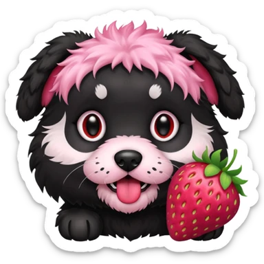 A black fluffy puppy with a strawberry sticker