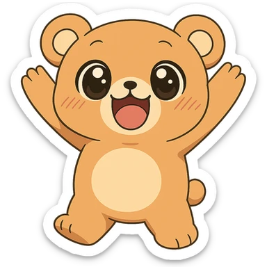 Make the anime style happy bear cuter by giving it bigger eyes and a rounder face. Keep no background. The style should remain anime-like. sticker