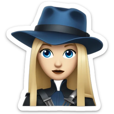 beautiful vampire spy woman with long blonde hair and blonde straight bangs and blue eyes wielding knives serious expression sticker