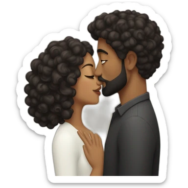 Brown man with a smooth black hair cut fade and a black beard kissing a White woman with long brown curly hair sticker