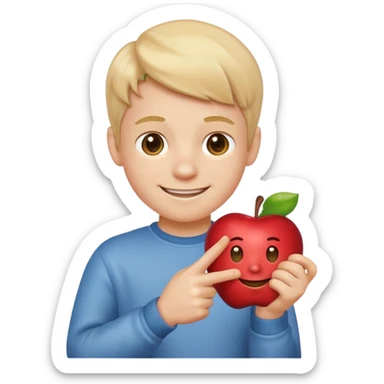 a boy pointing down at his toy, simple and clear, apple style emoji sticker