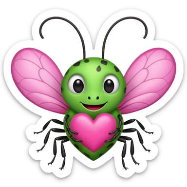 smiling cartoon bug holding a pink heart sticker