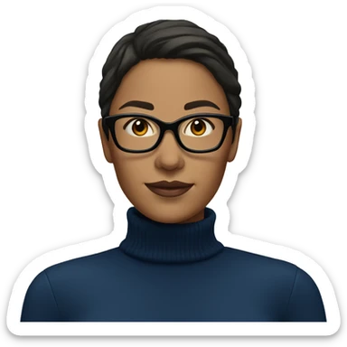 Woman with dark brown hair and glasses wearing a dark blue turtleneck  sticker