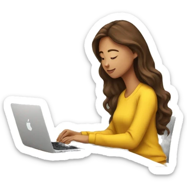 software engineer female with apple laptop in front of her, facing the right side while looking at her laptop. very long wavy brown hair, brown eyes, tan skin, yellow sweatshirt, no glasses sticker