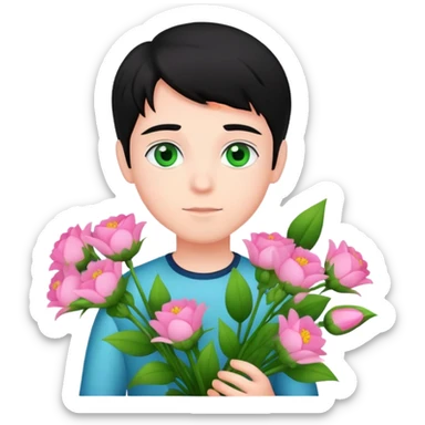 Boy with fair skin and black hair and green eyes with bouquet of pink flowers sticker