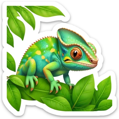cinematic cute-smiling baby chameleon-realistic emoji,-blending-with-vibrant-greenery.-detailed-scales-in-shifting-colors,-showing-the-chameleon’s-ability-to-camouflage.-soft-natural-light-highlights-its-texture.-nature-background, zoomed into its face sticker