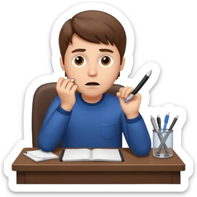 A white man with brown hairs, white skin,  sits at his desk in shock sticker