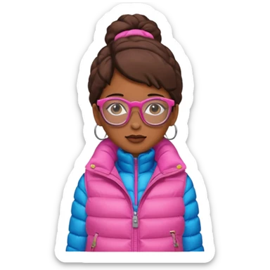 brown skin woman with glasses pink puffer vest sticker