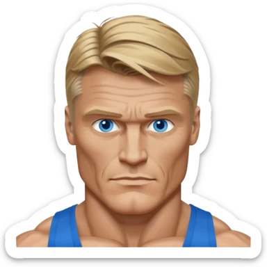 Dolph Lundgren with blue eyes, dark blonde hair, muscle body sticker