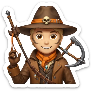 male human monster hunter emoji, wearing brown leather coat and wide hat, holding crossbow or rifle, with amulet shaped like skull, Halloween fantasy theme, confident smile, orange scarf, Apple emoji style, clean white background, square image sticker