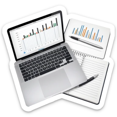 top view of a MacBook, open notebook with visible handwritten bar charts, and pen beside them sticker