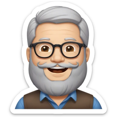 Mid age laughing chubby developer with light brown skin long beards and glasses grey hairand a very short black hair sticker