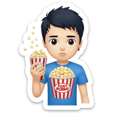 generate a pretty fair bratz boy with a blue tshirt on. eating popcorn. messy black hair sticker