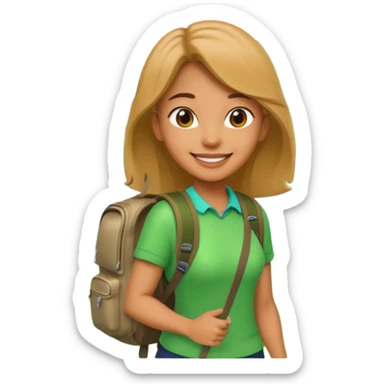 A 3D cartoon woman with a backpack smiling outdoors, surrounded by greenery, Memoji-style realism. sticker