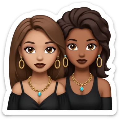 Boujy baddie best friends, trendy heavy makeup both dark hair one light skinned and one mocha brown pretty hair both wearing black and earrings and necklace one mocha brown skin better ones please  sticker