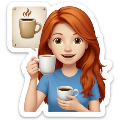 Excited long haired redhead drinking coffee with a sign in front saying GTSY sticker