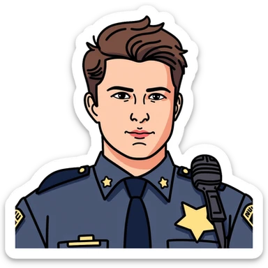 Realistic portrait of Nathan Fillion as John Nolan from The Rookie, detailed police officer with short hair and uniform sticker