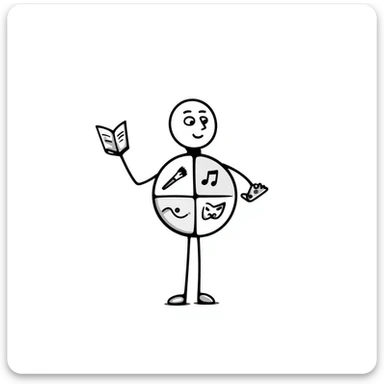 Hand-drawn metal man figure with a circular body divided into four segments, each containing symbols for different art forms: visual, musical, theatrical, and literary arts sticker