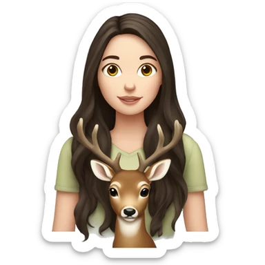 white girl with long dark brown hair holding a deer sticker