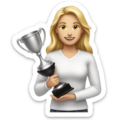 a white women holding trophy sticker