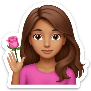 A tanned girl's face waved long brown hair with pink rose sticker