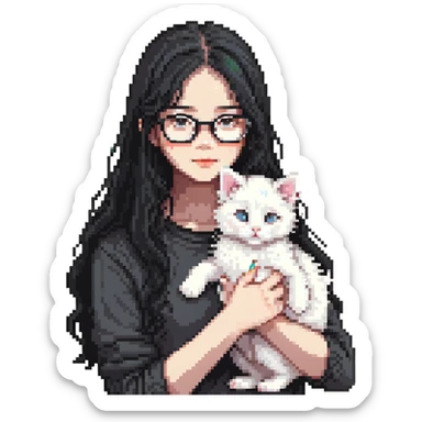 Beautiful girl with long black hair and glasses holding a white kitten sticker