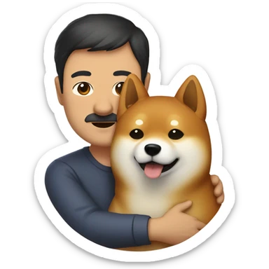 Shiba Inu cuddles middle age man with dark hair  sticker