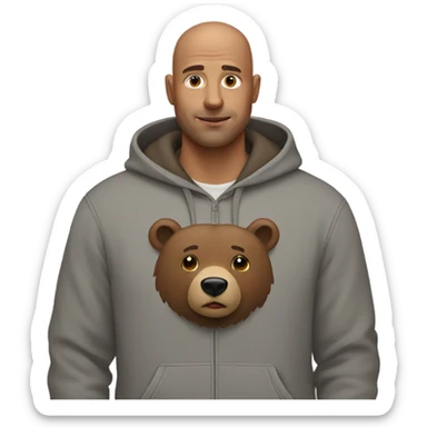 bald man in brown bear with some gray hoodie sticker