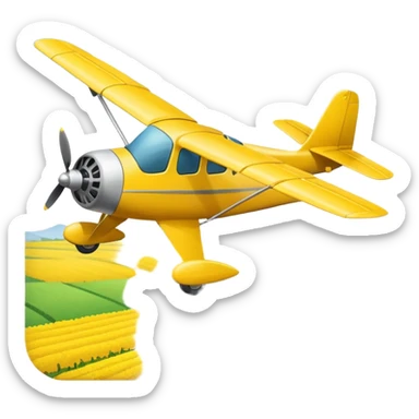 Draw a small yellow crop duster plane spraying fields below. sticker