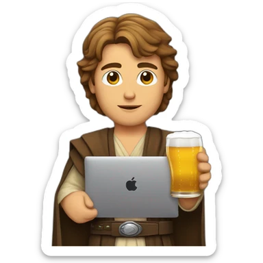 Anakin skywalker holding a beer and a macbook sticker