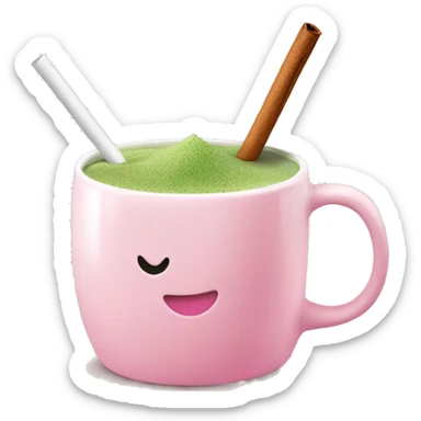 pink matcha in a white mug with cinnamon and a straw sticker