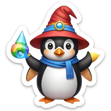 Penguin wizard in a cloud asking "What is rainbow connection?" sticker