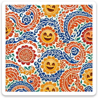 Cinematic Realistic Indonesian Batik Emoji, depicted as a richly patterned textile with intricate colorful designs, rendered with vivid textures and dynamic cultural lighting that captures its artistic heritage. sticker