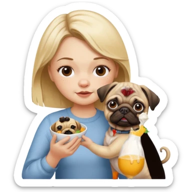 haz una chica rubia dandole comida a su perro pug sticker