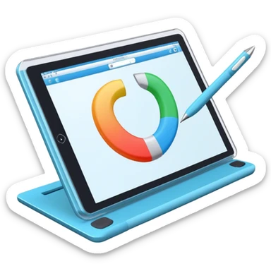 Create an emoji for 3D visualization and modeling. Show a large graphic tablet with a stylus drawing in a 3D modeling program. The 3D model on the screen should appear to protrude out of the screen. Use modern, professional colors. Make the background transparent. sticker