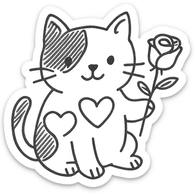 Add a heart to the tricolor cat holding a rose, keep the background transparent, hand drawn black outline style. sticker