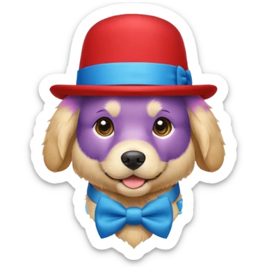 golden retriever dog with a blue bow tie around his neck with a red hat  sticker