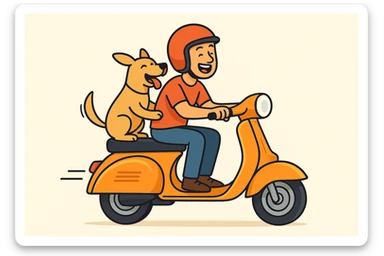 vector art of a man and his pet dog riding a vespa, for website design  sticker