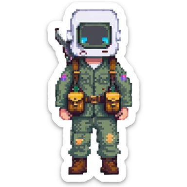 cartoon character with bag on head holding a gun full body sticker