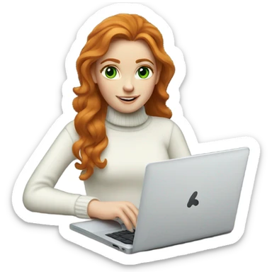 ginger girl with wavy long hair and green eyes in turtle neck white sweater working on a laptop sticker