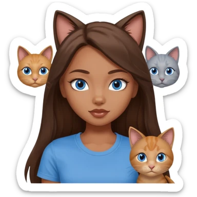 a pretty bratz dusky girl with long brown hair, blue eyes with six cats nd wearing a grey tshirt sticker