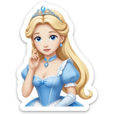 Cinematic Elegant Cinderella Portrait Emoji, Graceful and poised in her classic maid attire, golden locks cascading softly, bright blue eyes full of hope, a gentle glow of kindness and determination, delicate and humble yet undeniably beautiful, evoking the moment before her magical transformation, pure enchantment in her gaze! sticker
