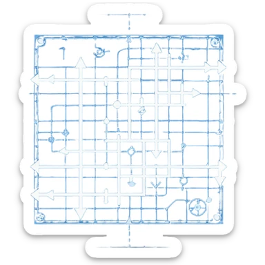 blue blueprint plan with white lines and a single dashed path from start to destination sticker
