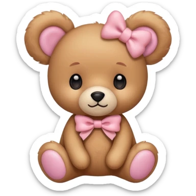 The og emoji teddy bear eith some pink blush and a cute pink coquette bow in the ear sticker