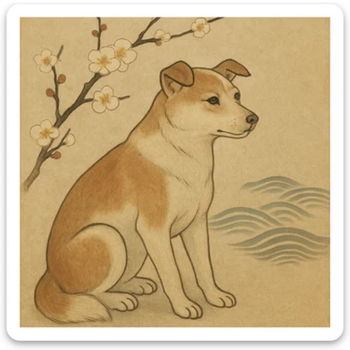 {
  "style_description": {
    "overall_look": "Traditional Japanese painting with a refined and serene aesthetic rooted in classical techniques",
    "material_simulation": {
      "primary_material": "natural pigments on washi or silk",
      "texture_detail": "subtle paper grain, matte finish, soft brushwork",
      "pattern": "occasional use of classical Japanese motifs such as plum blossoms, waves, or cranes"
    },
    "geometry": {
      "edge_style": "fluid and organic linework with gentle outlines",
      "dimensionality": "flat perspective with carefully balanced negative space"
    },
    "color_palette": {
      "scheme": "earthy and muted tones with occasional gold or mineral highlights",
      "preferred_colors": ["indigo", "sumi black", "reddish brown", "soft greens", "off-white"],
      "contrast": "low contrast, harmonious tones"
    },
    "lighting": {
      "type": "diffused, implied through tone rather than shading",
      "purpose": "maintain the contemplative and meditative quality of the piece"
    },
    "render_constraints": {
      "avoid": ["realistic lighting", "high saturation", "modern cartoon outlines", "digital gradients"],
      "focus_on": ["natural harmony", "elegance", "quiet emotional expression"]
    },
    "background": {
      "color": "neutral or light washi-inspired background",
      "style": "plain or softly patterned with traditional elements",
      "lighting_consistency": "flat and even, no cast shadows or dramatic highlights"
    }
  }
}

{subject} = dog sticker