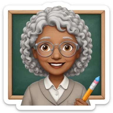 old woman teacher, brown skin, curly grey white hai, wearing glasses, hold chalk on hand sticker