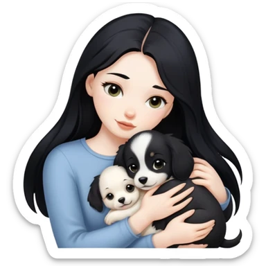 A woman with long black hair hugs a puppy tightly sticker