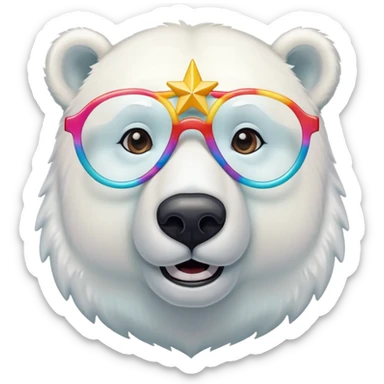 close up headshot of a friendly anthropomorphised polar bear wearing oversized colorful star glasses sticker